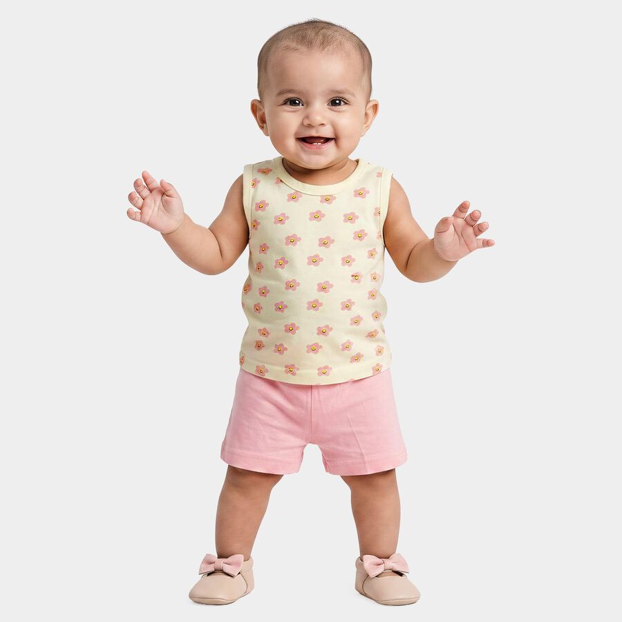 Infants Yellow Cotton Round Neck Printed Top And Shorts Set, Yellow, large
