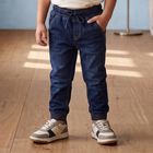 Boys' Navy Blue Jogger Fit Washed Jeans, गहरा नीला, small