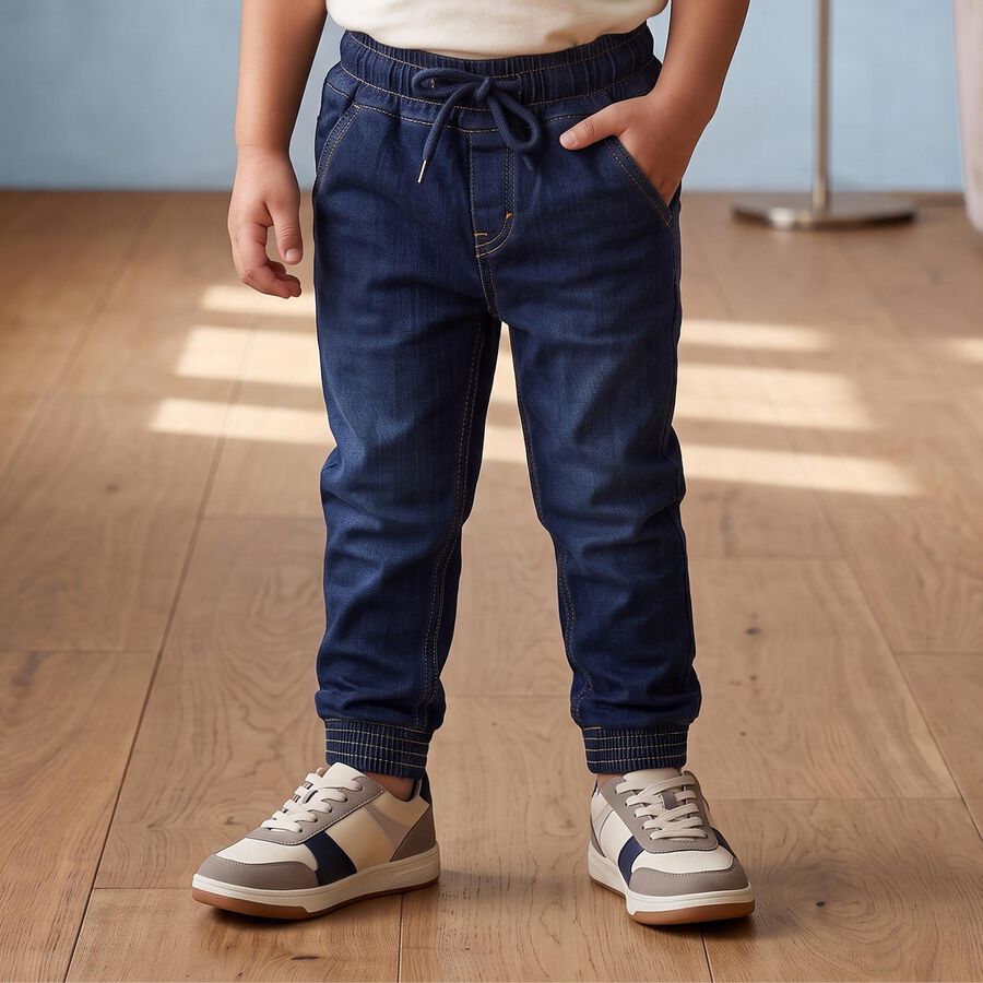 Boys' Navy Blue Jogger Fit Washed Jeans, गहरा नीला, large