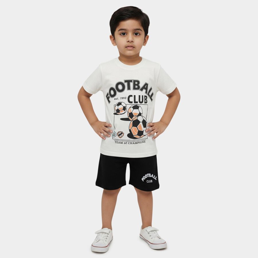Boys White Round Neck Football Printed Baba Suit, White, large