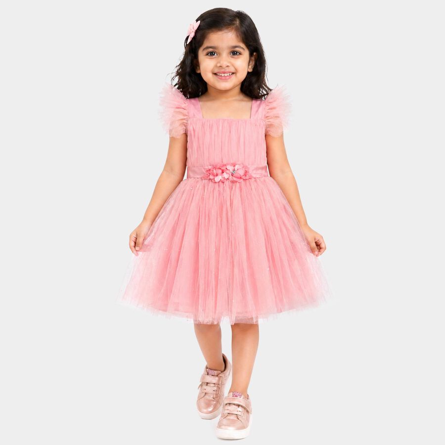 Girls' Pink Fit and Flare Embellished Party Wear Frock, गुलाबी, large
