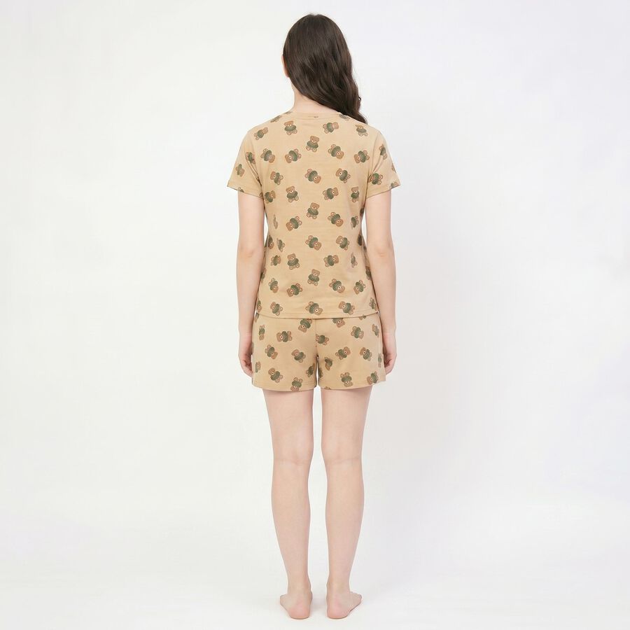 Women's Brown Round Neck Teddy Bear Printed Night Suit, Brown, large