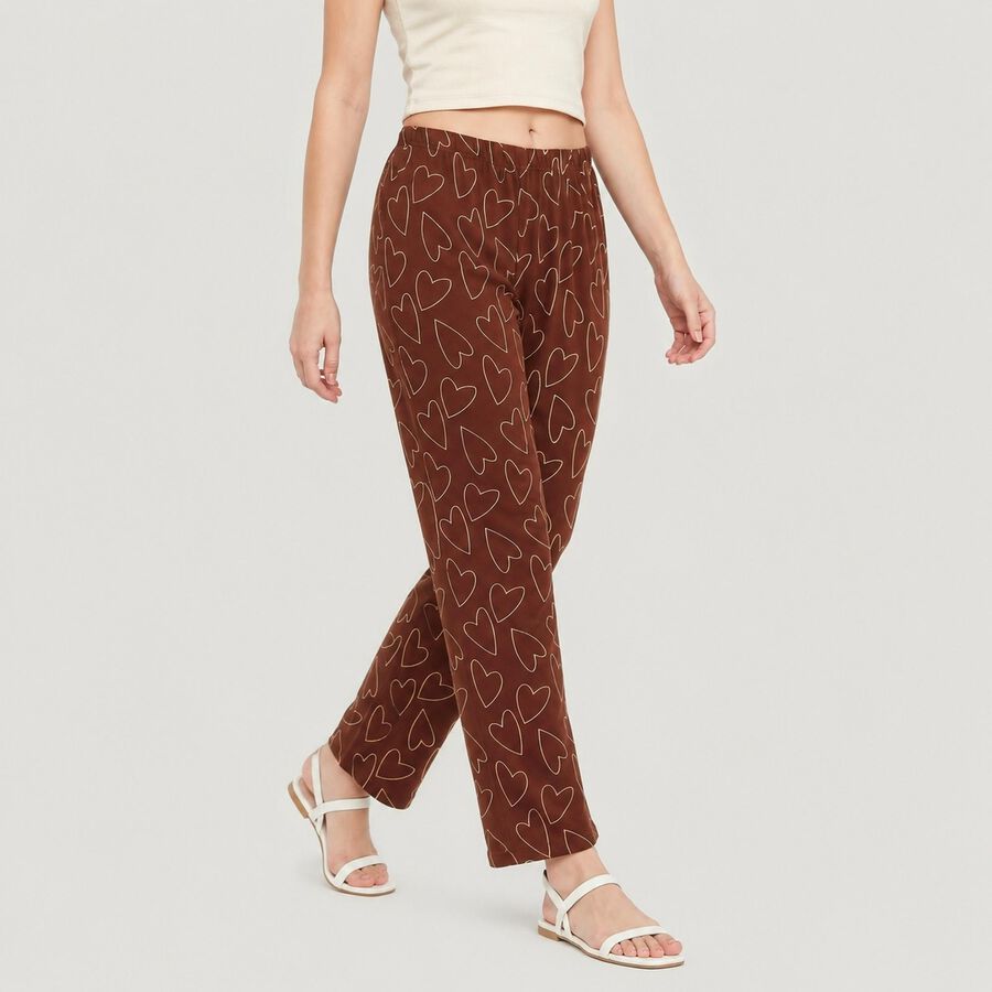 Women's Brown Straight Fit Heart Printed Pyjama, भूरा, large