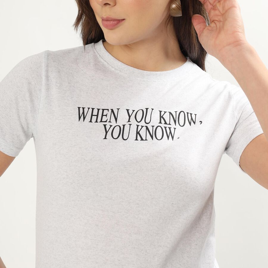 Women's Bright Ecru Melange Round Neck Graphic T-Shirt, Ecru Melange, large