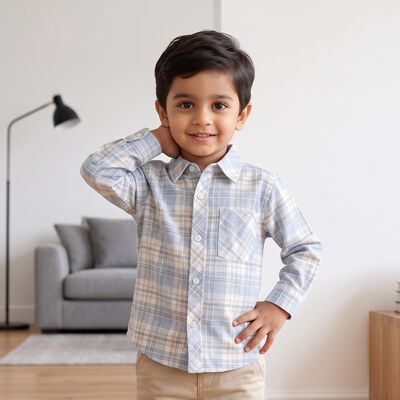 Boys Light Blue Cotton Checked Shirt