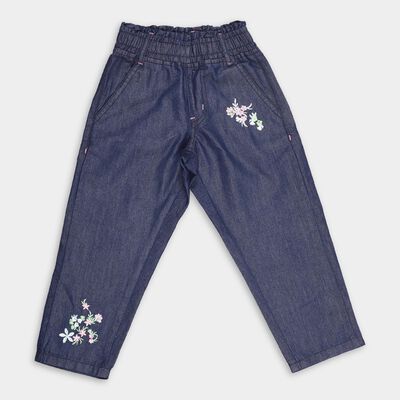 Girls' Deep Indigo Straight Fit Floral Embroidered Jeans