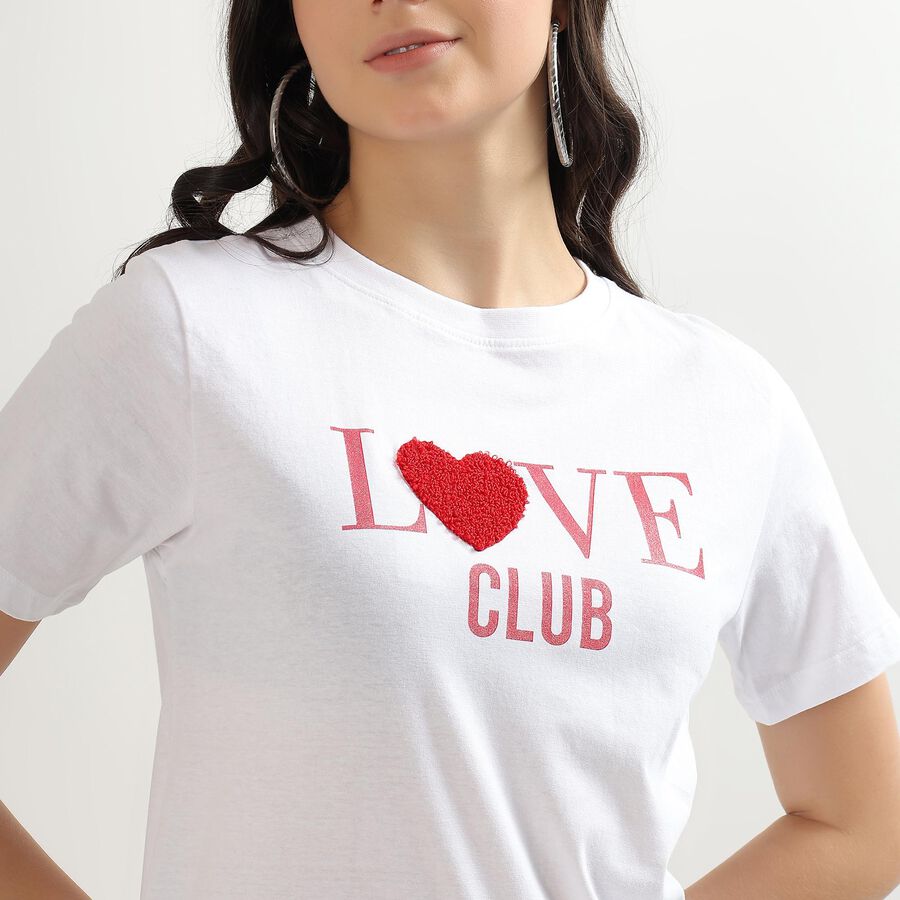 Women's Bright White Round Neck Casual T-Shirt, White, large