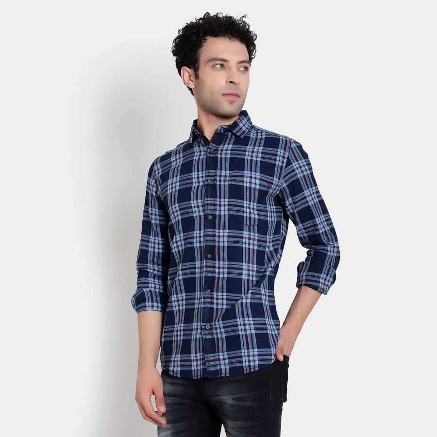 Cotton Checks Casual Shirt, Mid Blue, large image number null