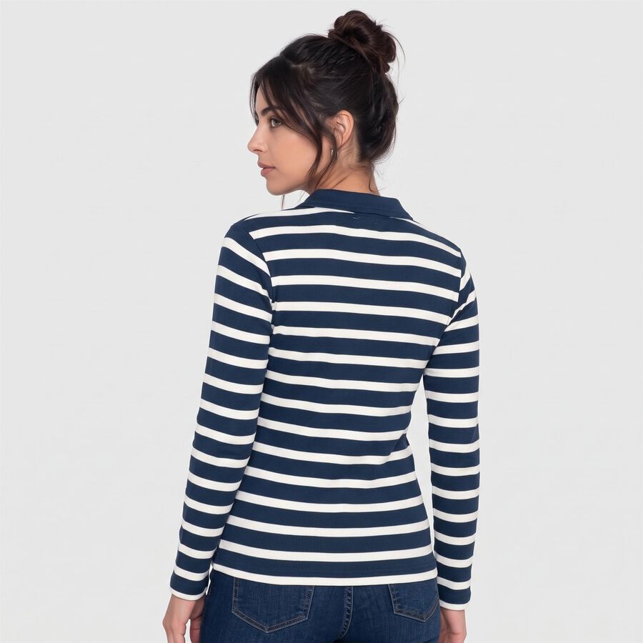 Women's Navy Blue Polo Neck Striped Regular Top, Navy Blue, large