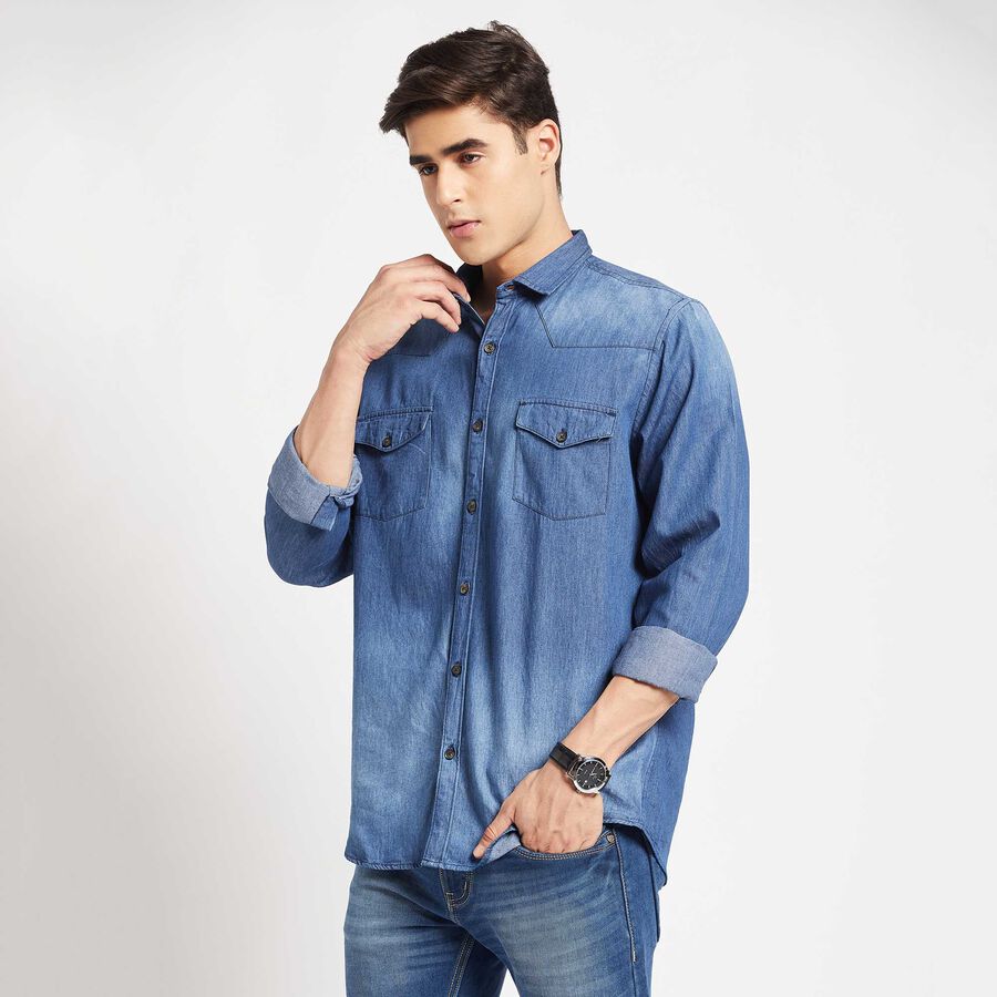 Cotton Solid Casual Shirt, Mid Blue, large image number null