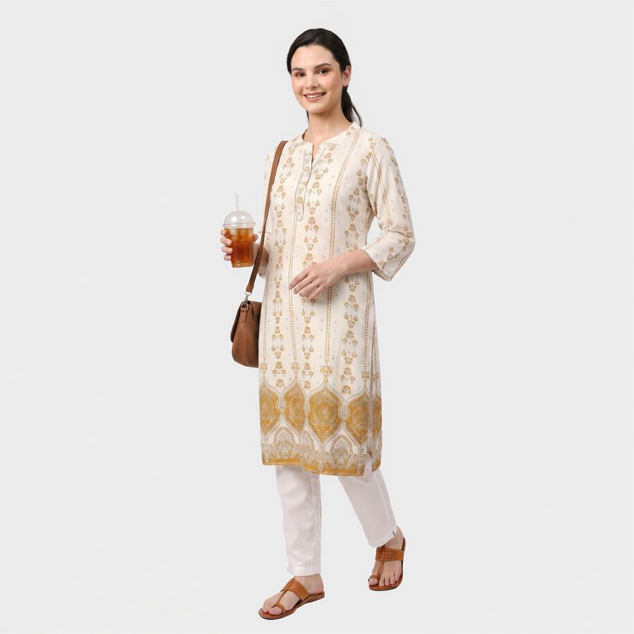 Women's Yellow Mandarin Collar Kurta, पीला, large