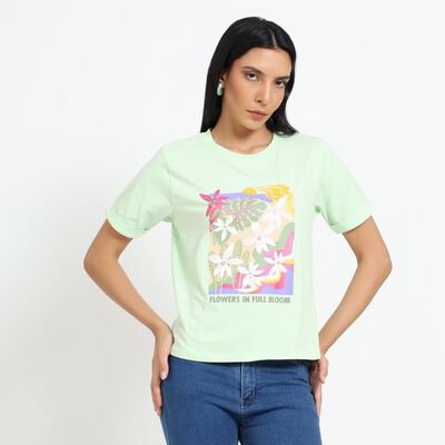Ladies' Light Mint Green Cotton Round Neck Floral Printed T-Shirt