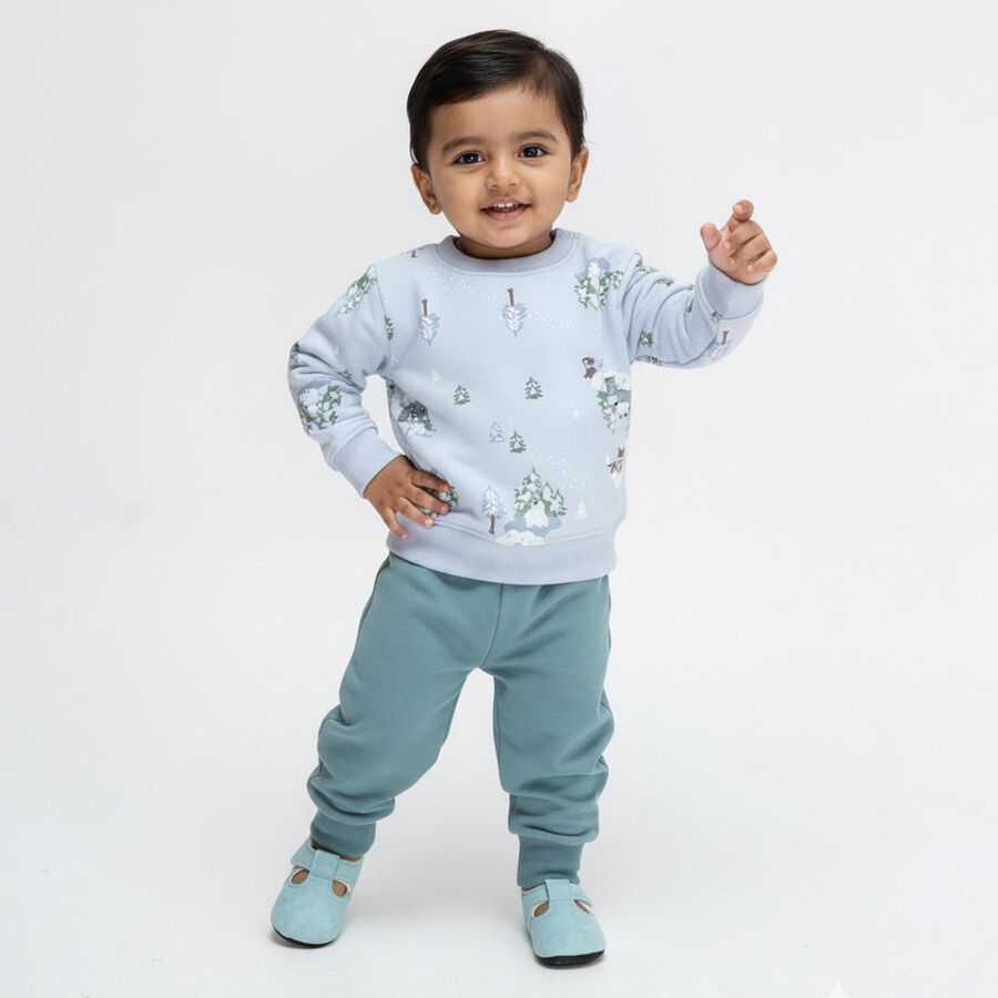 Infants' Light Blue Round Neck Cartoon Print Baba Suit, हल्का नीला, large image number null