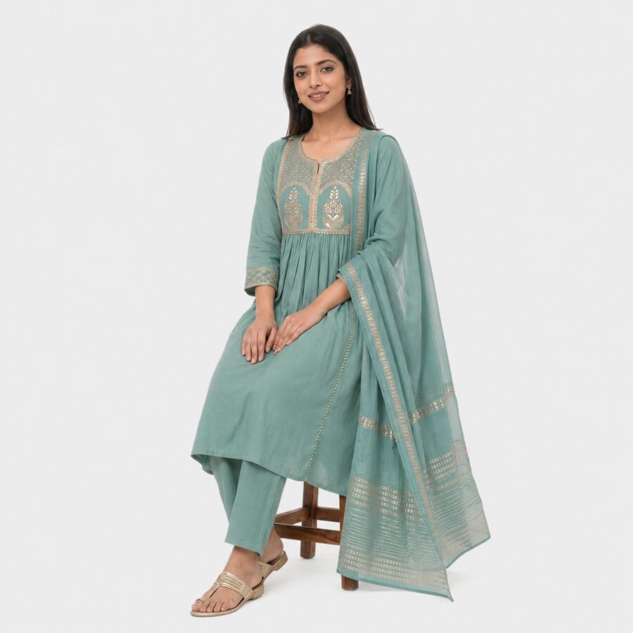 Women's Light Green Embroidered Ethnic Set, हल्का हरा, large