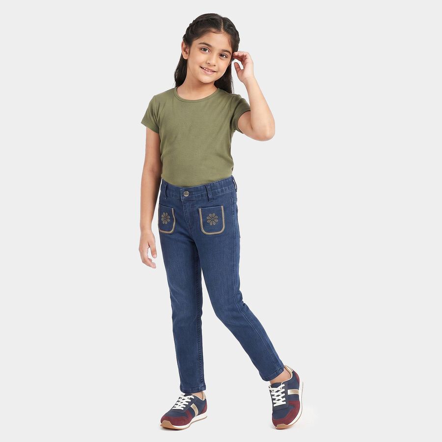 Girls' Navy Blue Straight Fit Embroidered Jeans, गहरा नीला, large