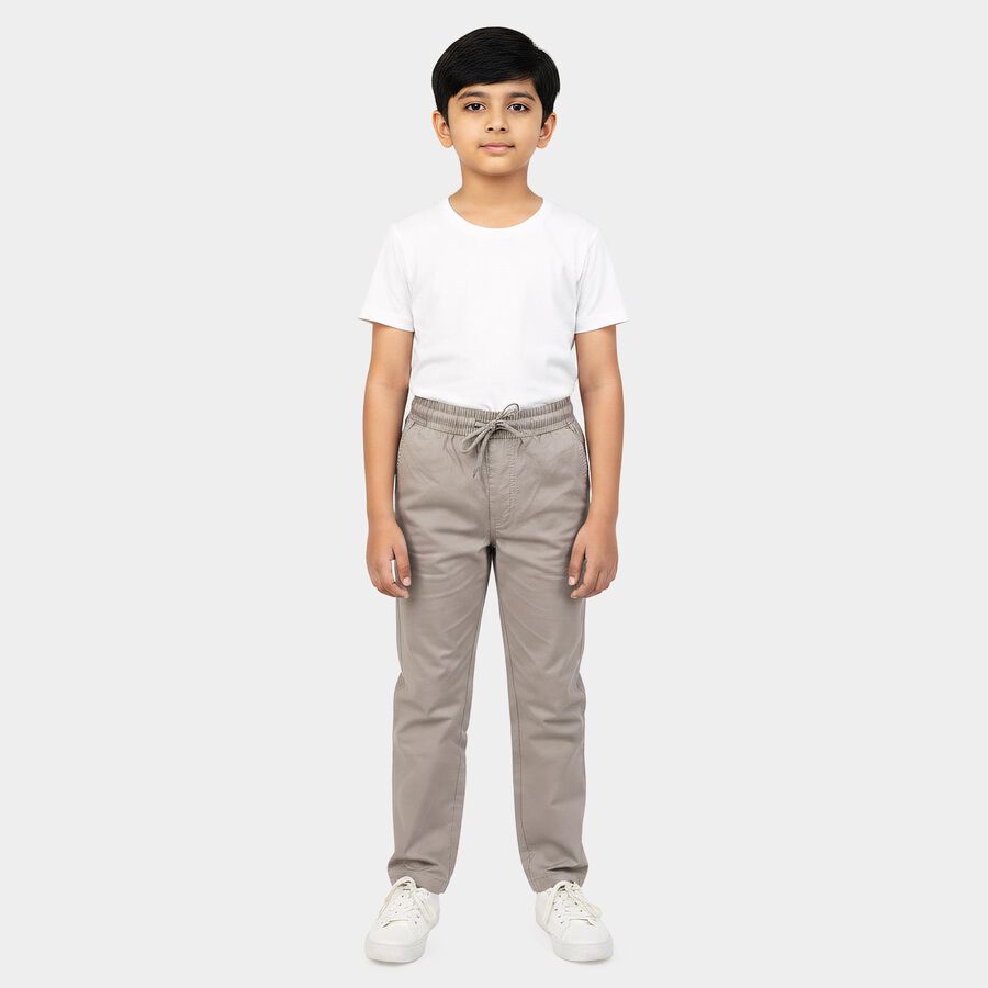 Boys Grey Straight Fit Drawstring Waist Trousers, हल्का ग्रे, large