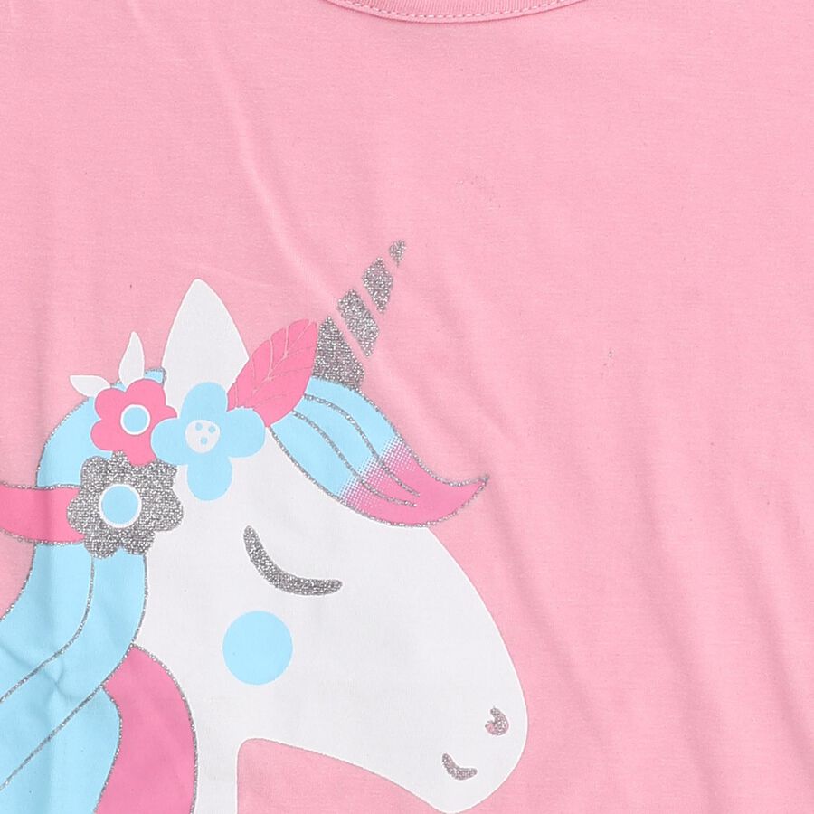 Girls' Pink Cotton Round Neck Casual T-Shirt, गुलाबी, large