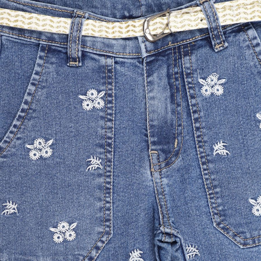 Girls' Stonewashed Blue Flared Fit Embroidered Jeans, Mid Blue, large