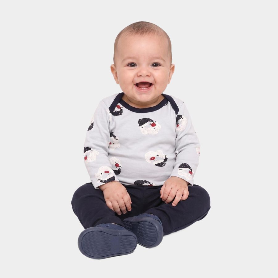 Infants' Navy Blue 100% Cotton Round Neck Printed Baba Suit, नेवी ब्लू, large