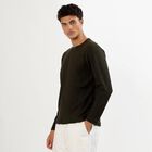 Men's Dark Olive Green Crew Neck Casual Full Sleeve T-Shirt , खाकी, small image number null