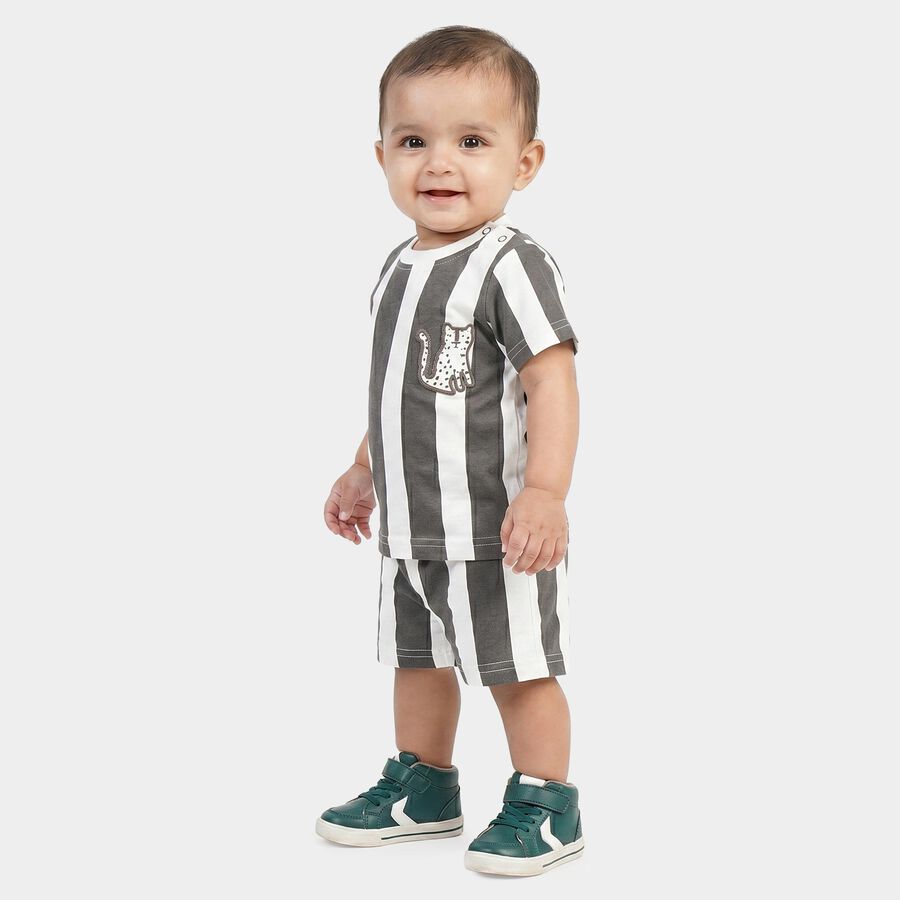 Infants' Charcoal Cotton Round Neck Striped Baba Suit, Charcoal, large