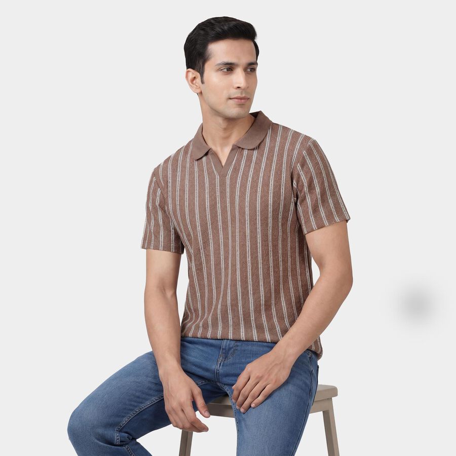 Men's Beige Polo Collar Classic T-Shirt, Beige, large