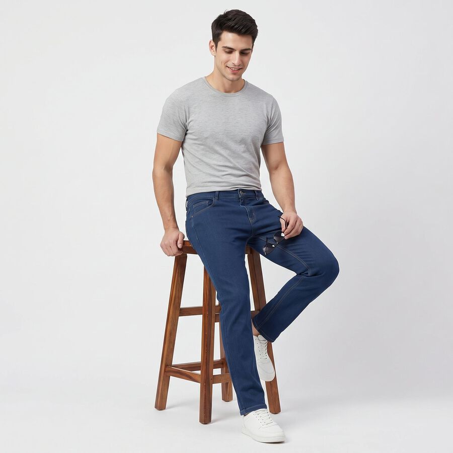Men's Navy Blue Straight Fit Classic Five Pocket Jeans, Mid Blue, large