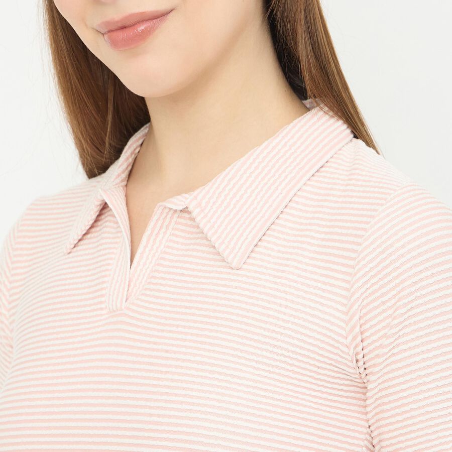 Women's Bright Pink Polo Collar Casual T-Shirt, गुलाबी, large