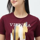 Women's Deep Burgundy Round Neck Casual Printed T-Shirt, वाइन, small