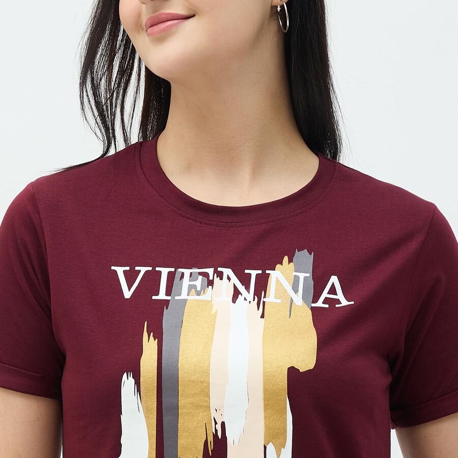 Women's Deep Burgundy Round Neck Casual Printed T-Shirt, वाइन, large