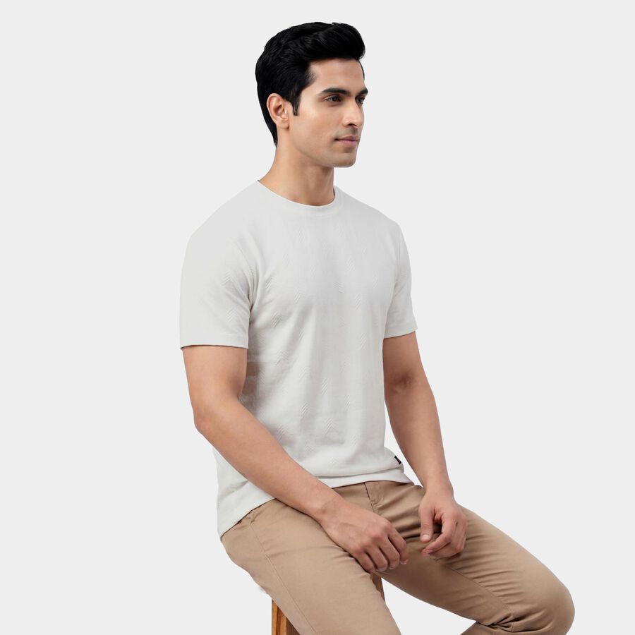 Men's Bright Snow White Round Neck Casual T-Shirt, सफ़ेद, large