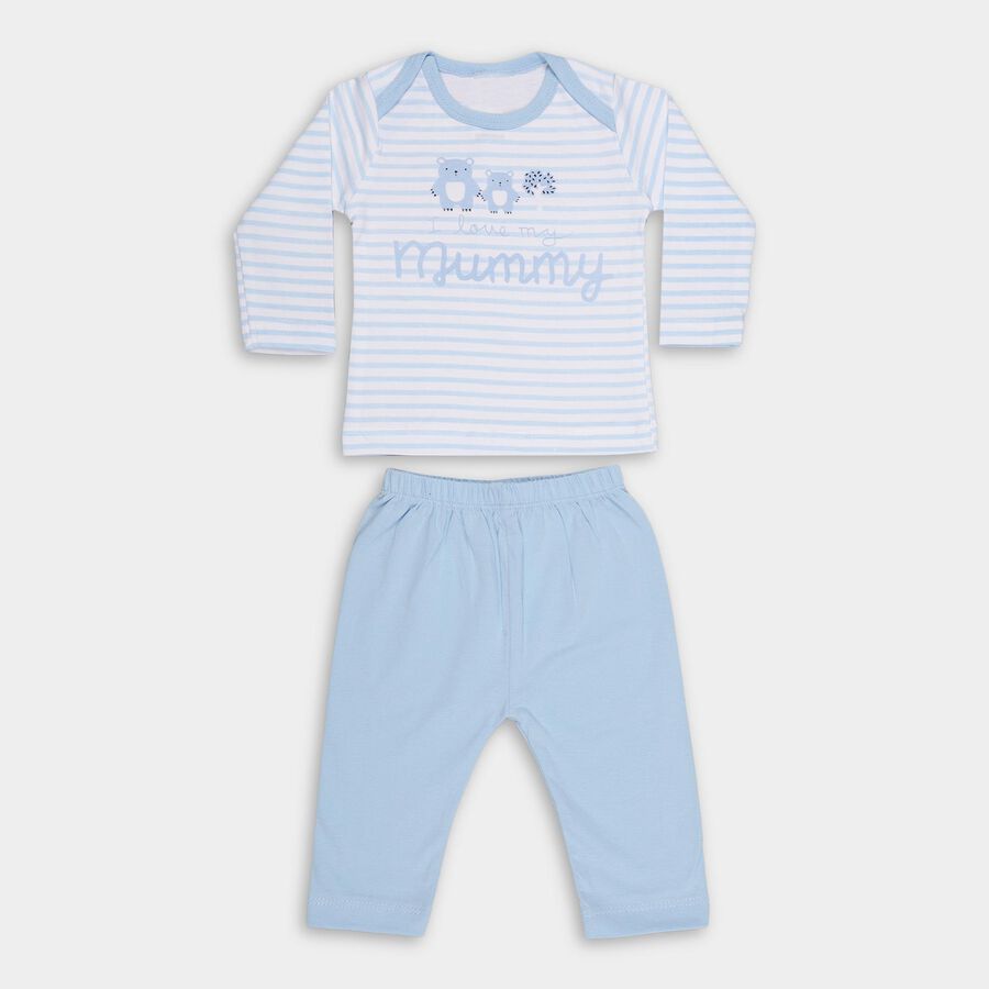 Infants' Light Blue Cotton Boat Neck Striped Baba Suit, Light Blue, large image number null
