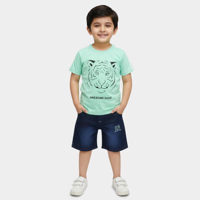 Boys Mint Green Cotton Round Neck Tiger Printed Baba Suit
