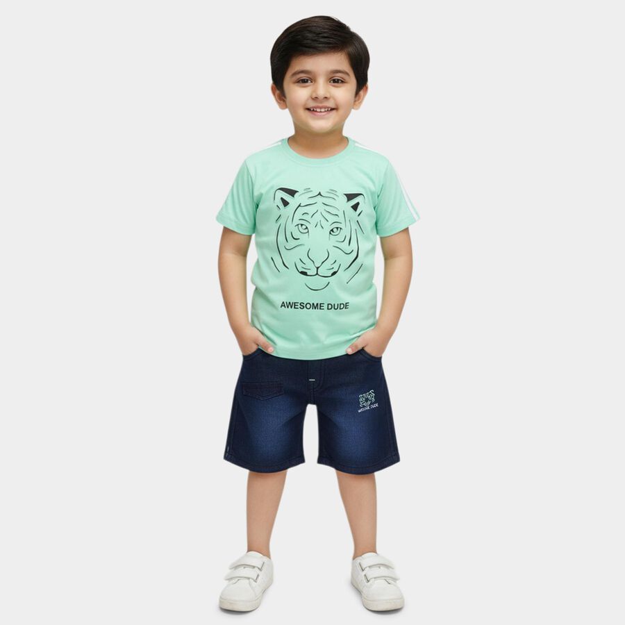 Boys Mint Green Cotton Round Neck Tiger Printed Baba Suit, हल्का हरा, large