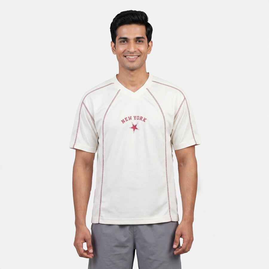 Men's White Round Neck Athleisure T-Shirt, ऑफ व्हाइट, large