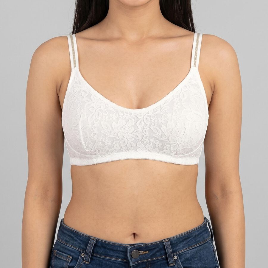 Women's White V-Neck Bralette Bra, सफ़ेद, large