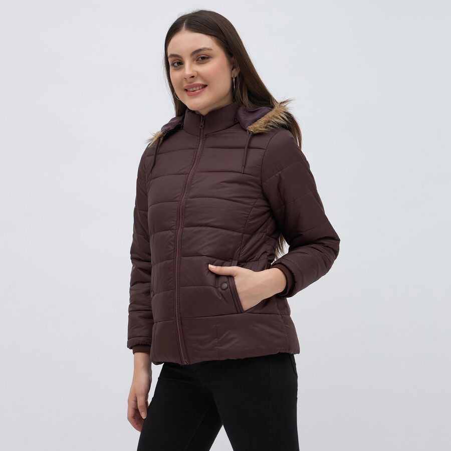 Women's Maroon High Neck Casual Jacket, वाइन, large image number null