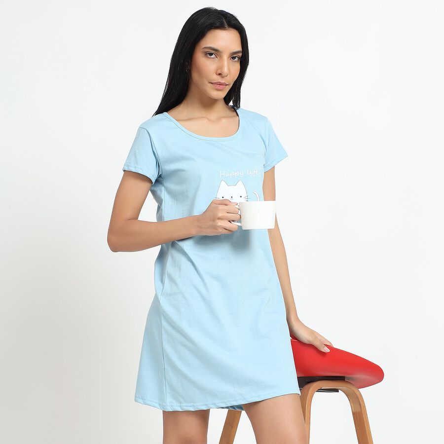 Women's Light Blue Round Neck Casual Nighty, Light Blue, large image number null