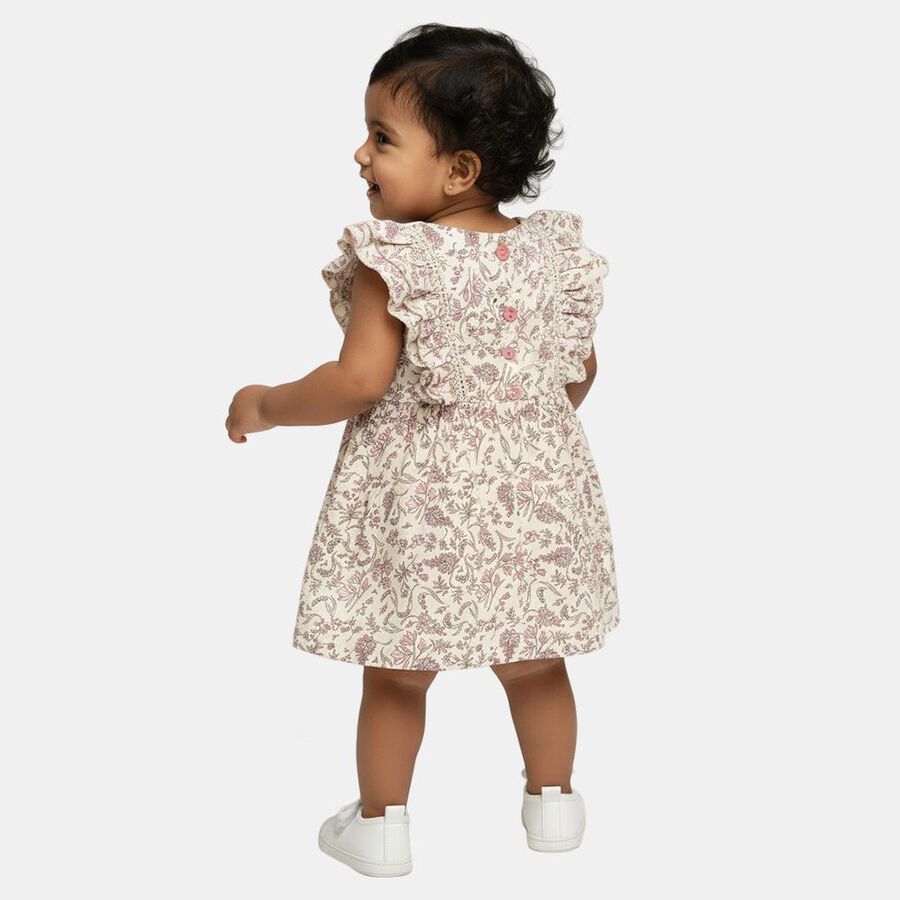 Infants' Beige Floral Printed Ruffle Fit and Flare Frock, Beige, large