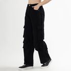 Women's Jet Black Wide Leg Cargo Jeans, काला, small image number null