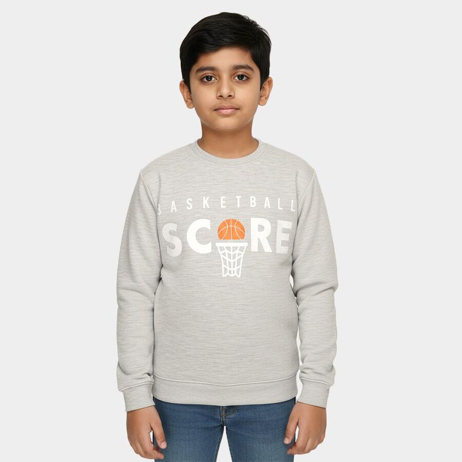 Boys Light Grey Crew Neck Graphic Sweatshirt, Ecru Melange, large image number null