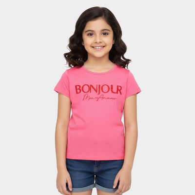 Girls Pink Cotton Round Neck Casual T-Shirt