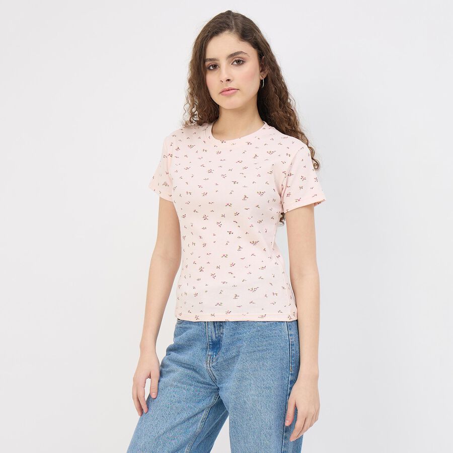 Women's Bright Candy Pink Cotton Blend Round Neck Graphic T-Shirt, गुलाबी, large