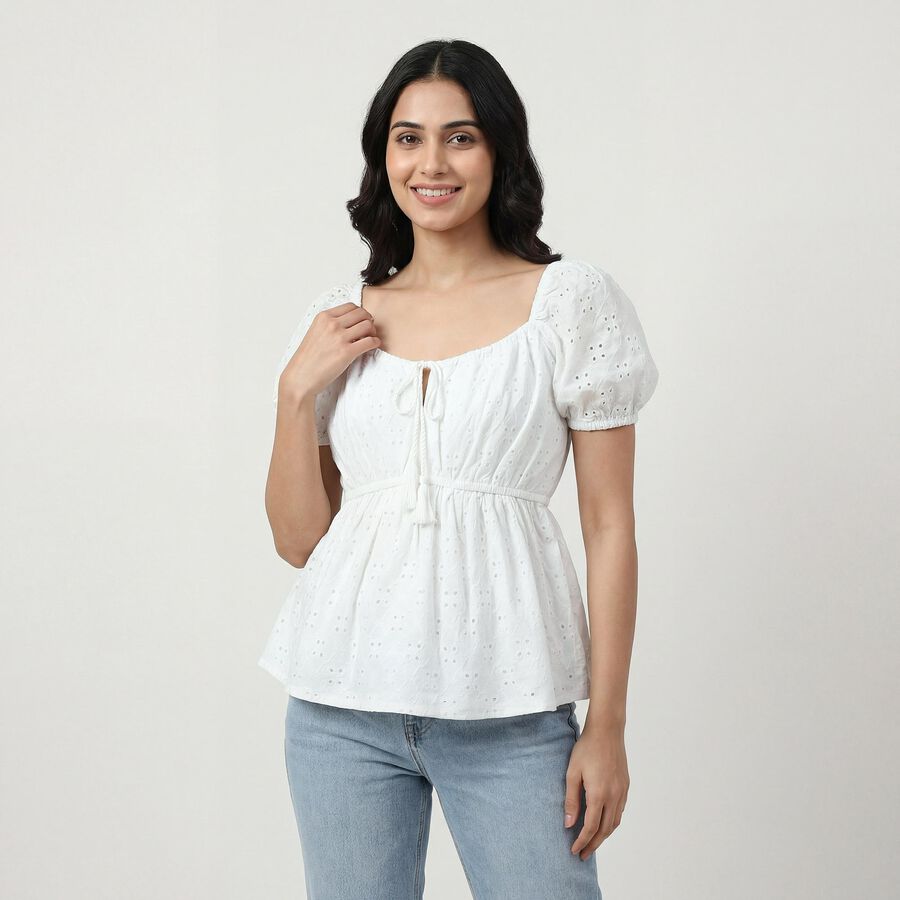 Women's Off-White Round Neck Minimalist Top, ऑफ व्हाइट, large