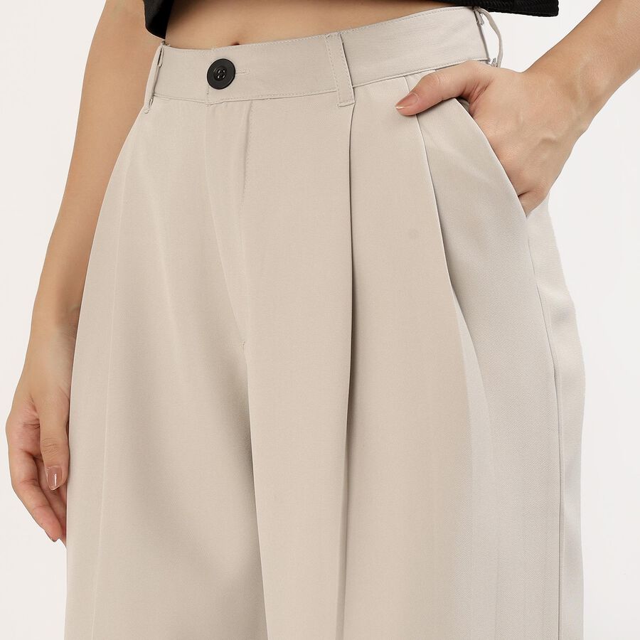 Women's Soft Beige Wide-Leg Pleated Trousers, Light Grey, large image number null