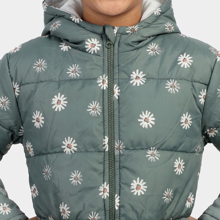 Girls' Olive Green Hooded Puffer Jacket, Olive, large