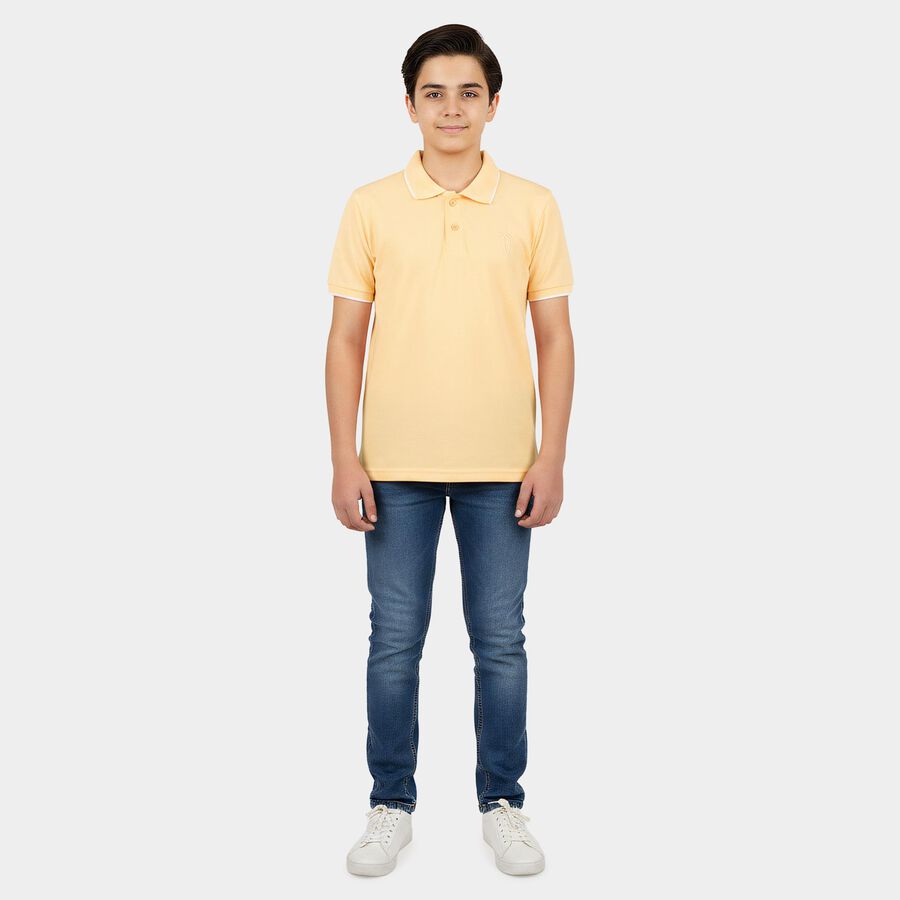 Boys Peach Pique Round Neck Casual T-Shirt, पीच, large