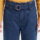 Girls' Navy Blue Straight Fit Belted Jeans, Dark Blue, small