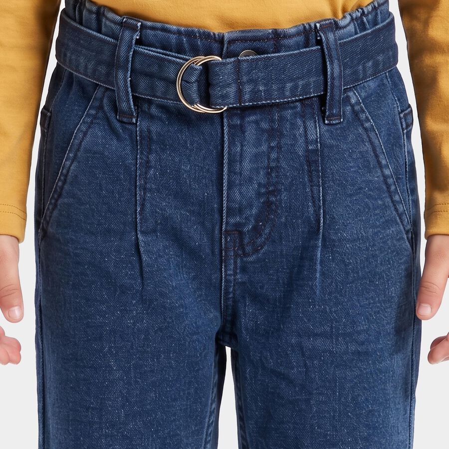 Girls' Navy Blue Straight Fit Belted Jeans, Dark Blue, large