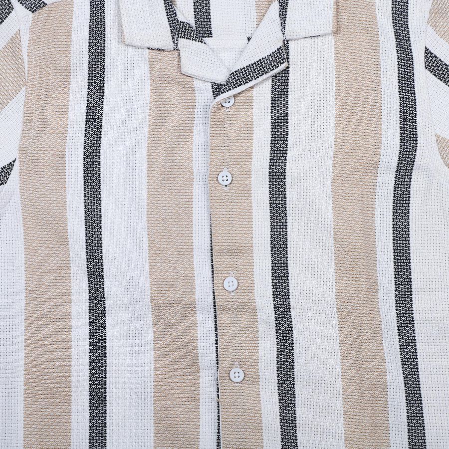 Boys' Beige Striped Camp Collar Shirt, Beige, large